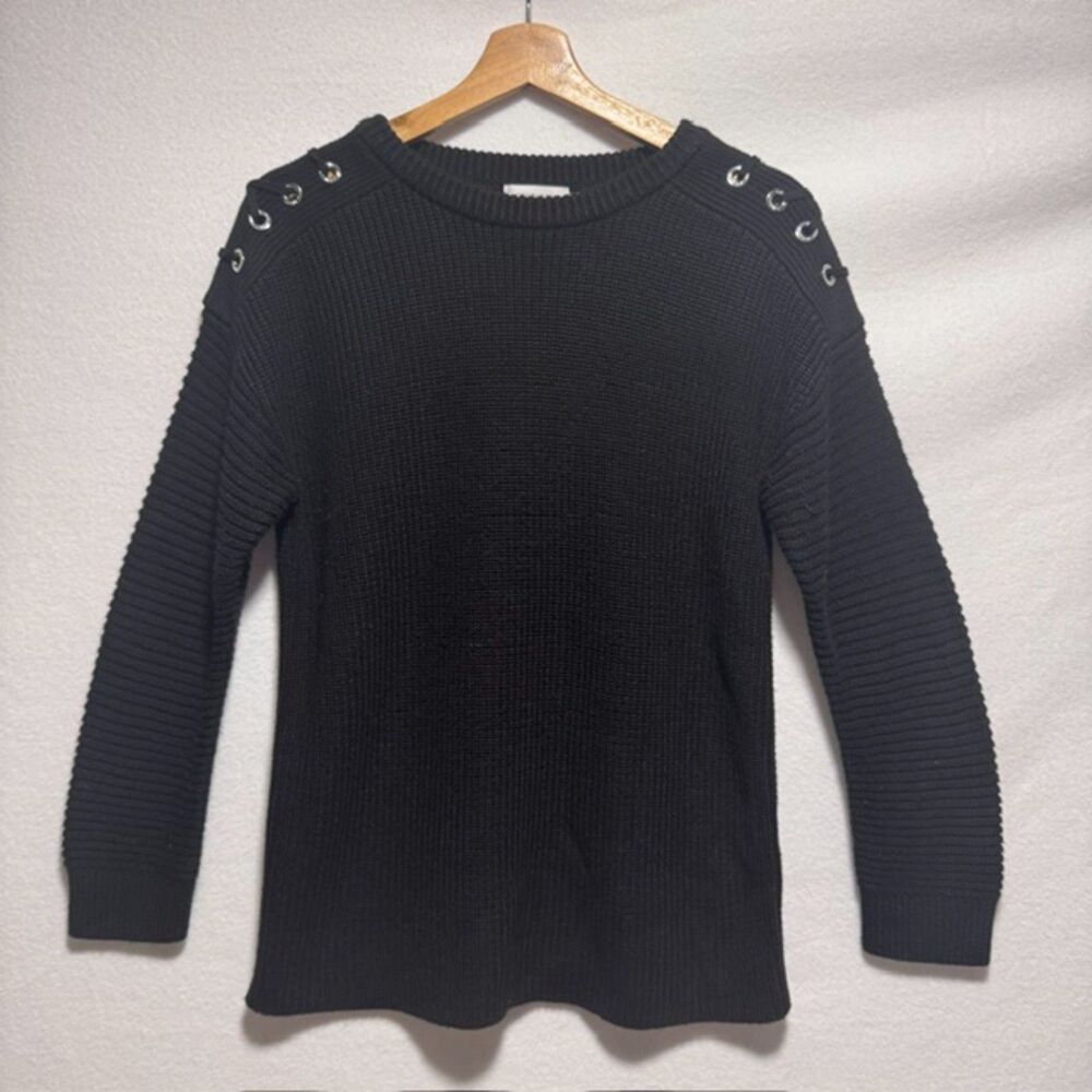 Calvin Klein Black Ribbed Knit Sweater Shoulder Grommet Lace Up Medium